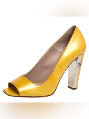 CHANEL Yellow Peep-Toe Patent Leather Pumps- Sz 37/6.5US